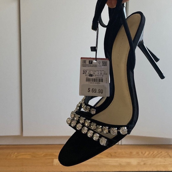 Zara Black Crystal rhinestone Ankle Strap Heels Sandals - Picture 4 of 10